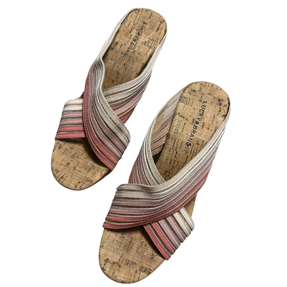 Lucky Brand Mykayla Pink Multi Metallic Cork Wedge Platform Sandals 8M